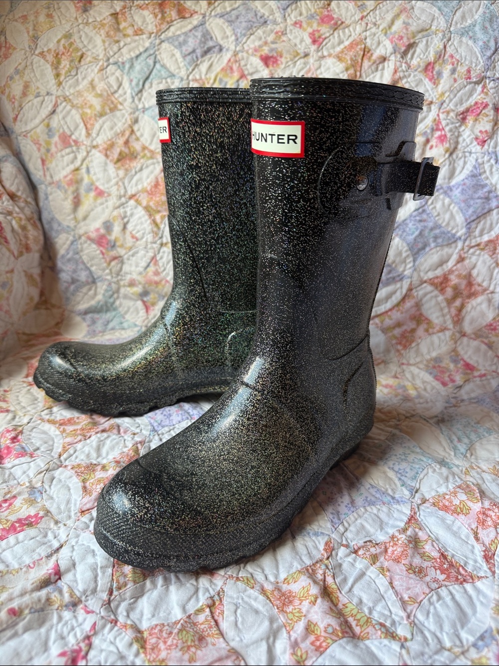 Hunter Black Short Iridescent Glitter Rain Boots Womens Size US 6 EU 37